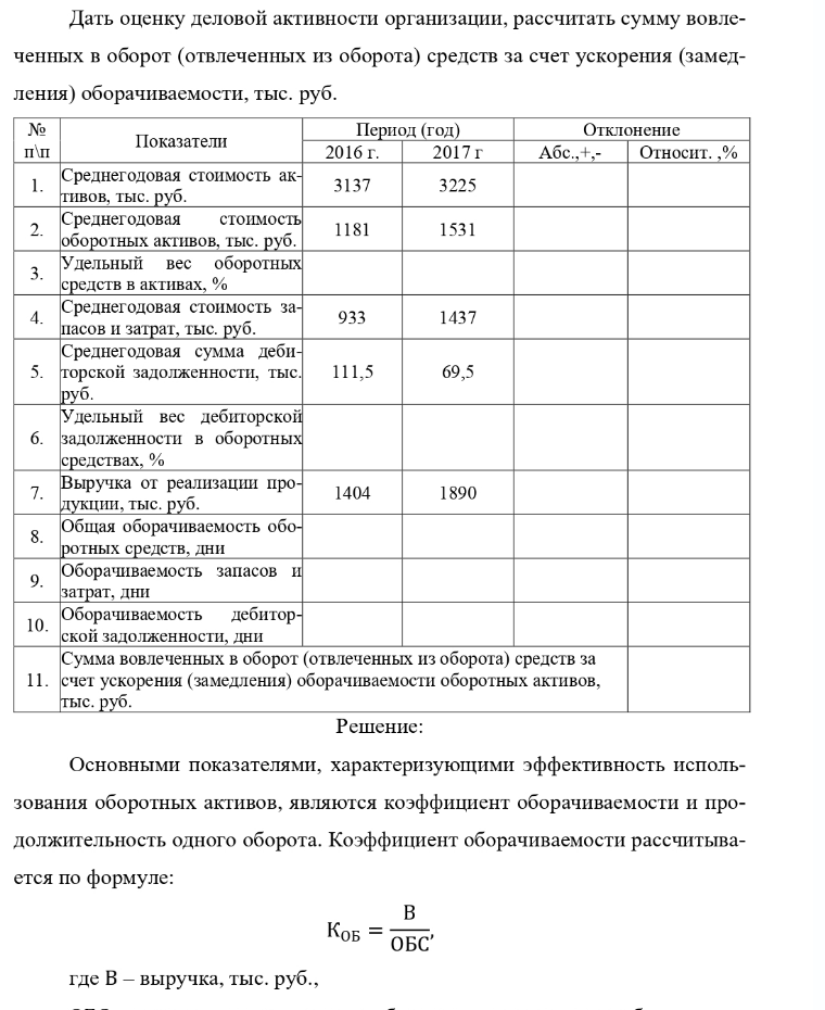 Дать оценку деловой активности организации, рассчитать сумму вовле- ченных в оборот (отвлеченных из оборота) средств за счет ускорения (замед- ления) оборачиваемости, тыс. руб. № п п Показатели Период (год) 2016 г. 3137 Среднегодовая стоимость активов, тыс. руб. Среднегодовая