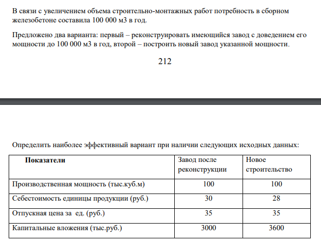 В связи с увеличением объема строительно-монтажных работ потребность в сборном железобетоне составила 100 000 м3 в год. Предложено два варианта: первый – реконструировать имеющийся завод с доведением его мощности до 100 000 м3 в год, второй – построить новый завод указанной мощности.