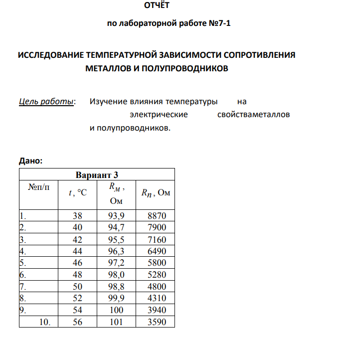 ОТЧЁТ по лабораторной работе №7-1 ИССЛЕДОВАНИЕ ТЕМПЕРАТУРНОЙ ЗАВИСИМОСТИ СОПРОТИВЛЕНИЯ МЕТАЛЛОВ И ПОЛУПРОВОДНИКОВ