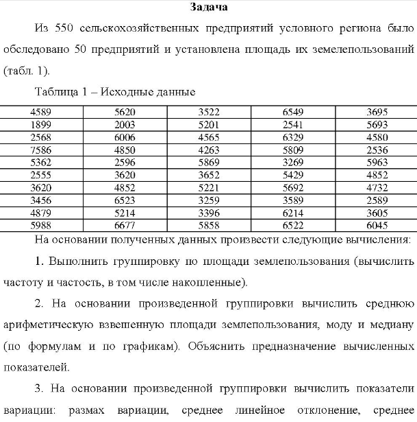Из 550 сельскохозяйственных предприятий условного региона было обследовано 50 предприятий и установлена площадь их земелепользований (табл. 1). Таблица 1