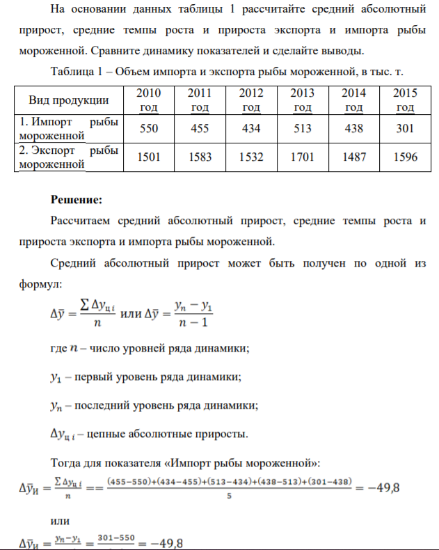 На основании данных таблицы 1 рассчитайте средний абсолютный прирост, средние темпы роста и прироста экспорта и импорта рыбы мороженной. Сравните динамику показателей и сделайте выводы. Таблица 1 – Объем импорта и экспорта рыбы мороженной, в тыс. т