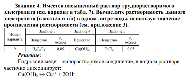 Имеется насыщенный раствор труднорастворимого электролита (см. вариант в табл. 7). Вычислите растворимость данного электролита (в моль/л и г/л) в одном литре воды, используя значение произведения растворимости (см. приложение 3).