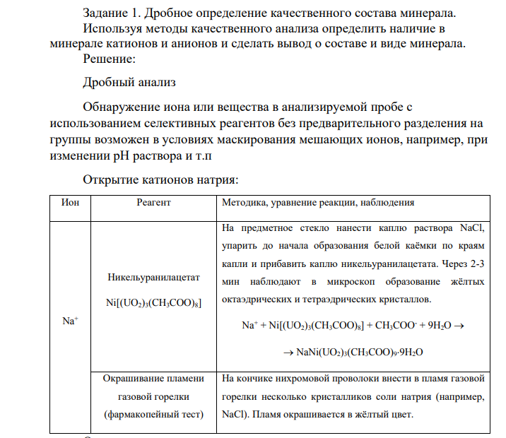 Дробное определение качественного состава минерала. Используя методы качественного анализа определить наличие в минерале катионов и анионов и сделать вывод о составе и виде минерала.