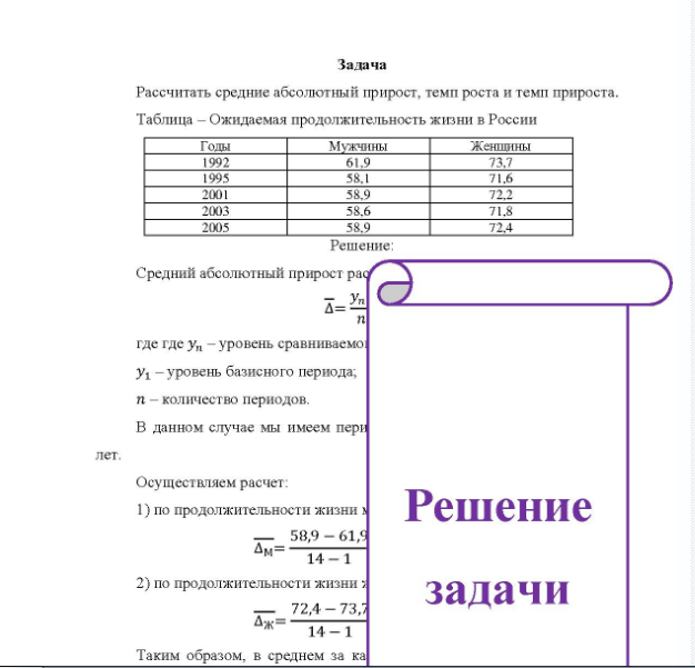 Задача Рассчитать средние абсолютный прирост, темп роста и темп прироста. Таблица - Ожидаемая продолжительность жизни в России Годы 1992 1995 2001 2003 2005 Мужчины 61,9 58,1 58,9 58,6 58,9 Женшины 71,6 72.2 71,8 72,4