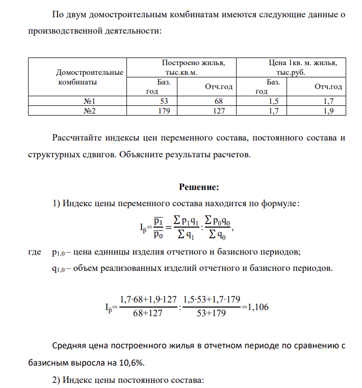 По двум домостроительным комбинатам имеются следующие данные о производственной деятельности: Домостроительные комбинаты Построено жилья, тыс.кв.м. Цена 1кв. м. жилья, тыс.руб. Баз. год Отч.год Баз. год Отч.год №1 53 68 1,5 1,7 №2 179 127 1,7 1,9 Рассчитайте индексы цен переменного состава, постоянного состава и структурных сдвигов. Объясните результаты расчетов.