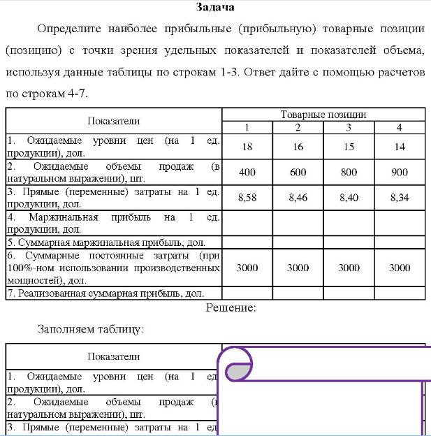 Определите наиболее прибыльные (прибыльную) товарные позиции (позицию) с точки зрения удельных показателей и показателей объема, используя данные таблицы по строкам 1-3. Ответ дайте с помощью расчетов по строкам 4-7.