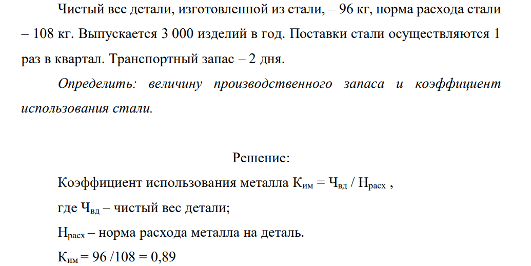 Чистый вес детали, изготовленной из стали, – 96 кг, норма расхода стали – 108 кг. Выпускается 3 000 изделий в год. Поставки стали осуществляются 1 раз в квартал.