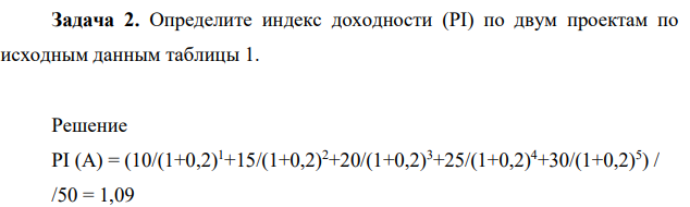 Определите индекс доходности (PI) по двум проектам по исходным данным таблицы 1