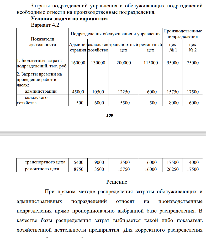 Затраты подразделений управления и обслуживающих подразделений необходимо отнести на производственные подразделения. Условия задачи по вариантам: