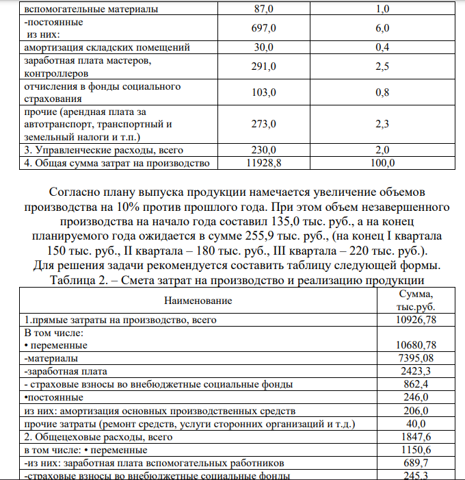 Предприятие планирует затраты на производство продукции расчетно - аналитическим методом. Согласно данным производственных отчетов за прошлый год прямые затраты на производство составляли 83% в общей сумме затрат на производство, а общецеховые и управленческие расходы – соответственно 15% и 2,0%.