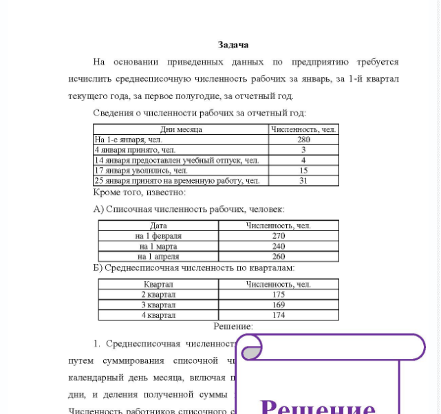 Задача На основании приведенных данных по предприятию требуется исчислить среднесписочную численность рабочих за январь, за 1-й квартал текущего года, за первое полугодие, за отчетный год. Сведения о численности рабочих за отчетный год: Дни месяца Числ Численность, чел На 1-е января, чел. 4 января принято, чел. 14 я 14 января предоставлен учебный отпуск, чел. 17 17 января уволились, чел. 25 января принято на временную работу, чел.