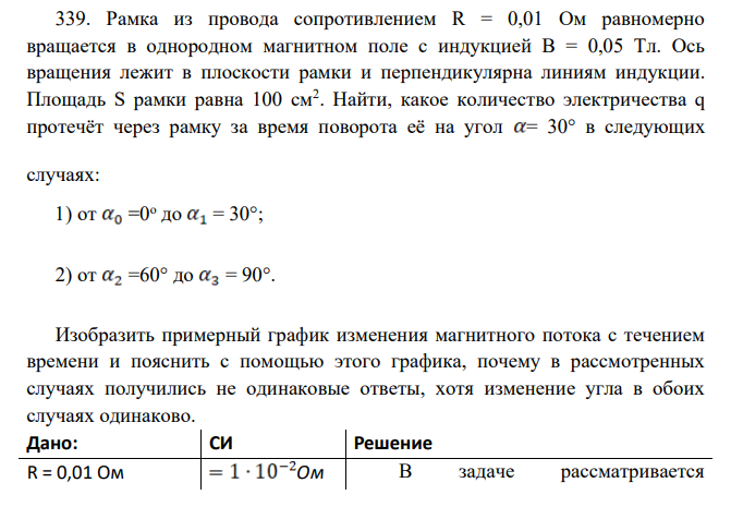 Рамка из провода сопротивлением R = 0,01 Ом равномерно вращается в однородном магнитном поле с индукцией B = 0,05 Тл. Ось вращения лежит в плоскости рамки и перпендикулярна линиям индукции. Площадь S рамки равна 100 см2 .