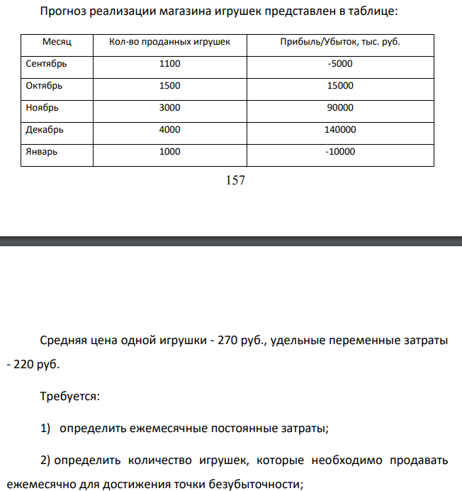 Прогноз реализации магазина игрушек представлен в таблице: Средняя цена одной игрушки - 270 руб., удельные переменные затраты - 220 руб.