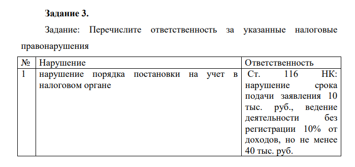 Перечислите ответственность за указанные налоговые правонарушения № Нарушение Ответственность 1 нарушение порядка постановки на учет в налоговом органе Ст. 116 НК: нарушение срока подачи заявления 10 тыс. руб., ведение деятельности без регистрации 10% от доходов, но не менее 40 тыс. руб. 267