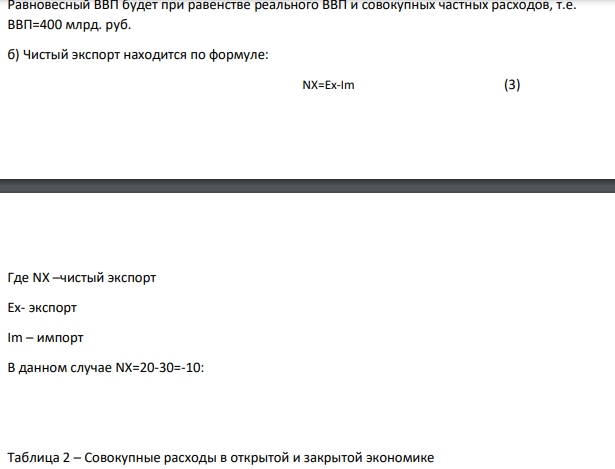 Данные, представленные в столбцах A) и B) помещенной ниже таблицы, соответствуют закрытой экономике. Таблица 2 – Исходные данные Реальный ВВП, млрд д.е. Совокупные расходы в закрытой частной экономике, млрд д.е. Экспорт, млрд д.е. Импорт, млрд д.е. Чистый экспорт, млрд д.е. Совокупные расходы в частной открытой экономике, млрд д.е 1 2 3 4 5 6 200 240 20 30 250 280 20 30 300 320 20 30 350 360 20 30 400 400 20 30 450 440 20 30 500 480 20 30 550 520 20 30