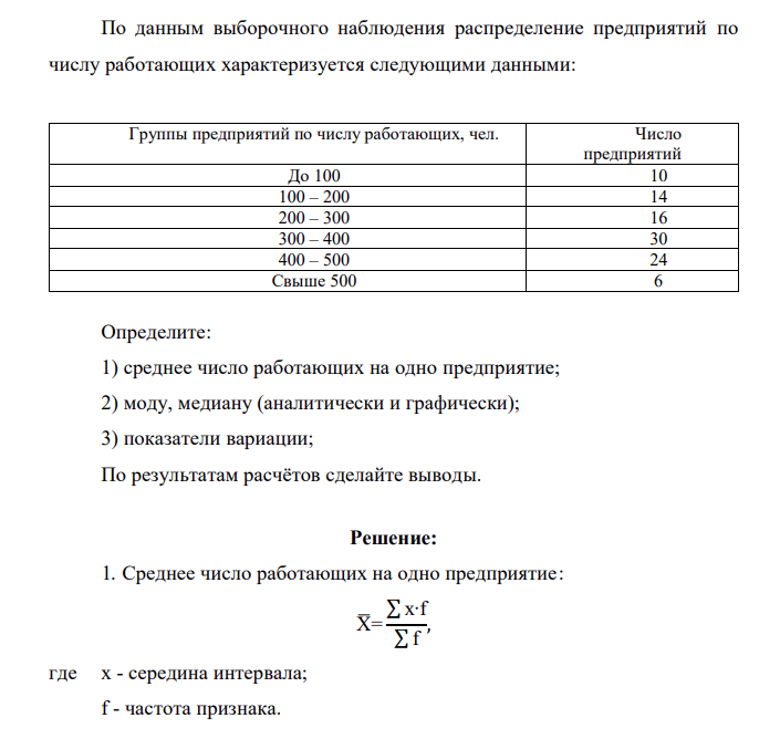 По данным выборочного наблюдения распределение предприятий по числу работающих характеризуется следующими данными: Группы предприятий по числу работающих, чел. Число предприятий До 100 10 100 – 200 14 200 – 300 16 300 – 400 30 400 – 500 24 Свыше 500 6 Определите: 1) среднее число работающих на одно предприятие; 2) моду, медиану (аналитически и графически); 3) показатели вариации; По результатам расчётов сделайте выводы.