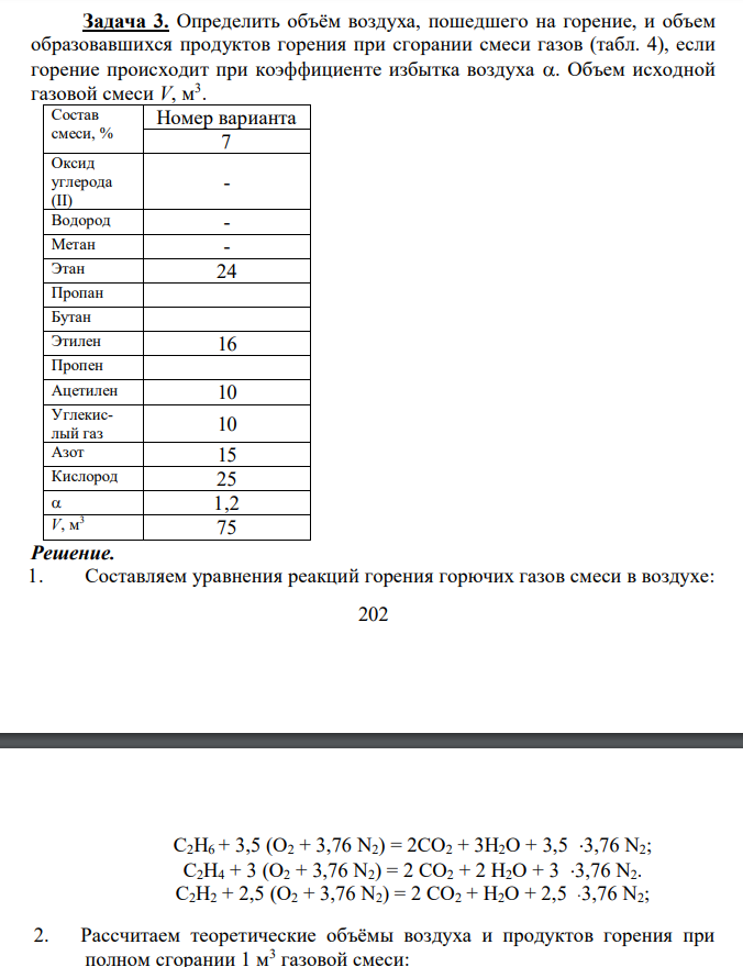 Определить объём воздуха, пошедшего на горение, и объем образовавшихся продуктов горения при сгорании смеси газов (табл. 4), если горение происходит при коэффициенте избытка воздуха . Объем исходной газовой смеси