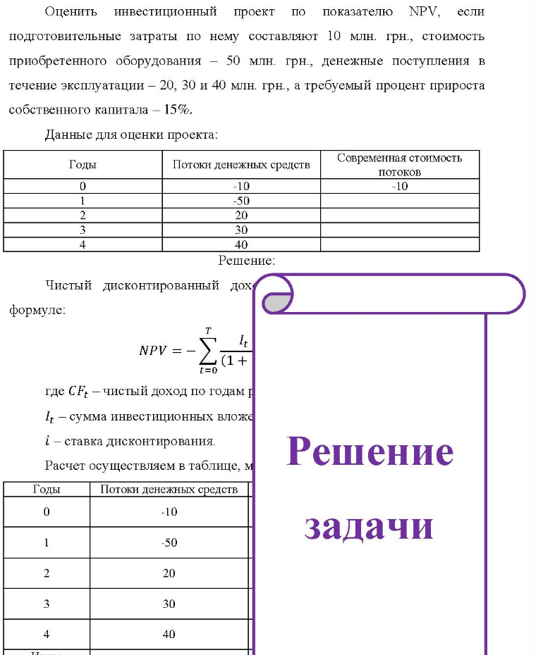 Оценить инвестиционный проект по показателю NPV, если подготовительные затраты по нему составляют 10 млн. грн., стоимость приобретенного оборудования - 50 млн. грн., денежные поступления в течение эксплуатации - 20, 30 и 40 млн. грн., а требуемый