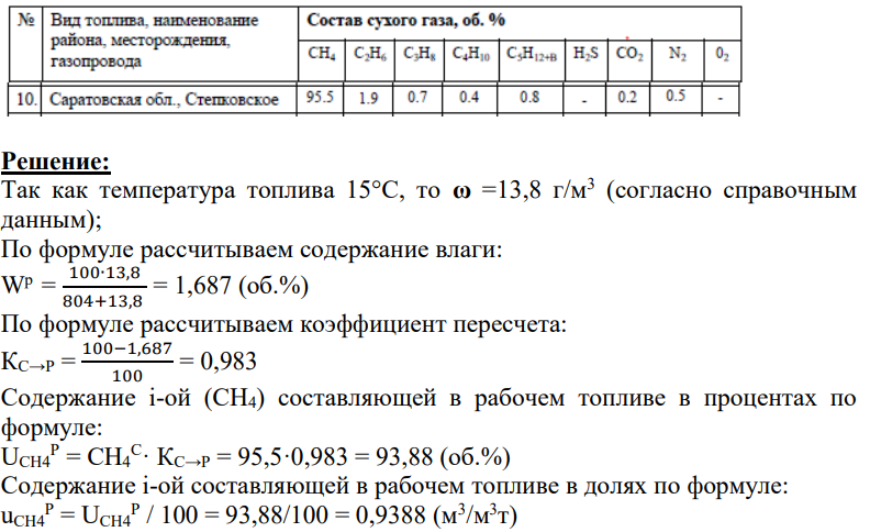 Рассчитать процесс горения газообразного топлива. Номер варианта задает газовое месторождение (прил.4 Метод. Указ. «Расчеты процессов сжигания топлива в тепловых агрегатах силикатной промышленности») и температуру газа, поступающего на горение. Газ используется для отапливания камерной печи, максимальная температура процесса 1400 оС