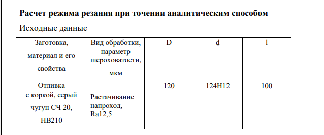 Расчет режима резания при точении аналитическим способом Исходные данные Заготовка, материал и его свойства Вид обработки, параметр шероховатости, мкм D d l Отливка с коркой, серый чугун СЧ 20, НВ210 Растачивание напроход, Ra12,5 120 124Н12 100