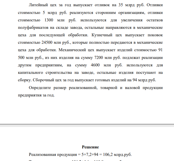 Литейный цех за год выпускает отливок на 35 млрд руб. Отливки стоимостью 5 млрд руб. реализуются сторонним организациям, отливки стоимостью 1300 млн руб