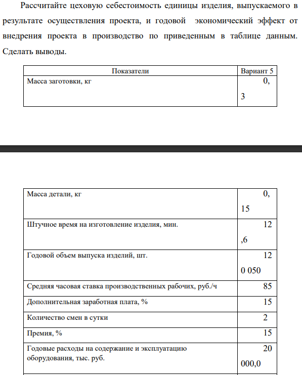 Рассчитайте цеховую себестоимость единицы изделия, выпускаемого в результате осуществления проекта, и годовой экономический эффект от внедрения проекта в производство по приведенным в таблице данным. Сделать выводы. Масса заготовки, 0, 3 кг