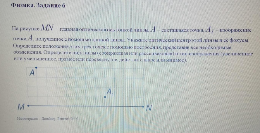 На рисунке MN главная оптическая ось тонкой линзы, А - светяoаяся точка A1 - изображение точки А, полученное с помощью данной линзы. Укажите оптический центр этой линзы и её фокусы.