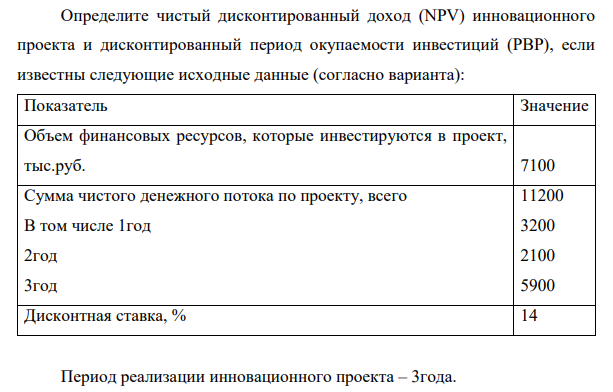 Определите чистый дисконтированный доход (NPV) инновационного проекта и дисконтированный период окупаемости инвестиций (PBP), если известны следующие исходные данные (согласно варианта): Показатель Значение Объем финансовых ресурсов, которые инвестируются в проект, тыс.руб. 7100