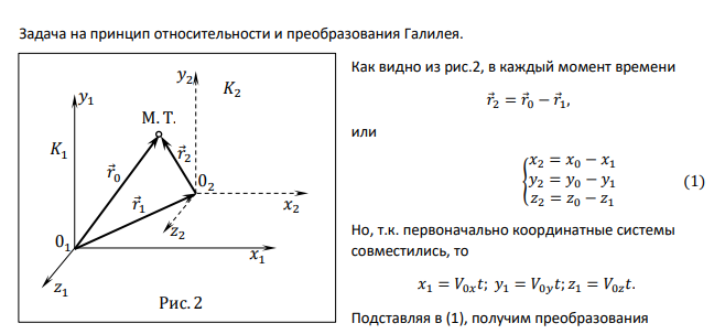 В инерциальной системе координат 𝐾1 М.Т. движется со скоростью 𝑉1(𝑉1𝑥,𝑉1𝑦𝑉1𝑧 , ). Другая инерциальная система координат 𝐾2 движется относительно первой со скоростью 𝑉0(𝑉0𝑥,𝑉0𝑦𝑉0𝑧).