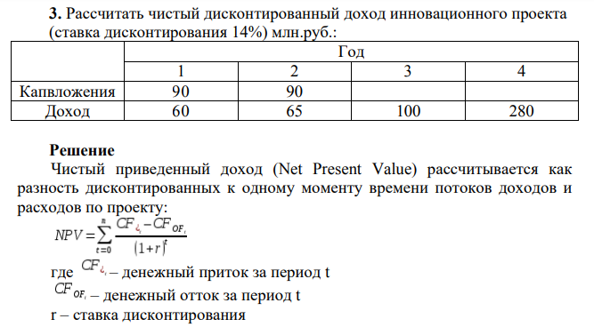 Рассчитать чистый дисконтированный доход инновационного проекта (ставка дисконтирования 14%) млн.руб.: Год 1 2 3 4 Капвложения 90 90 Доход 60 65 100 280