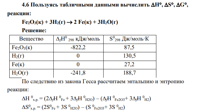 Пользуясь табличными данными вычислить Н , S , G , реакции: Fe2O3(к) + 3Н2(г) 2 Fe(к) + 3Н2О(г)