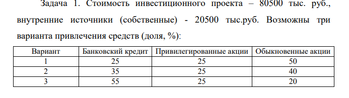 Стоимость инвестиционного проекта – 80500 тыс. руб., внутренние источники (собственные) - 20500 тыс.руб. Возможны три варианта привлечения средств (доля, %): Вариант Банковский кредит Привилегированные акции Обыкновенные акции 1 25 25 50 2 35 25 40 3 55 25 20