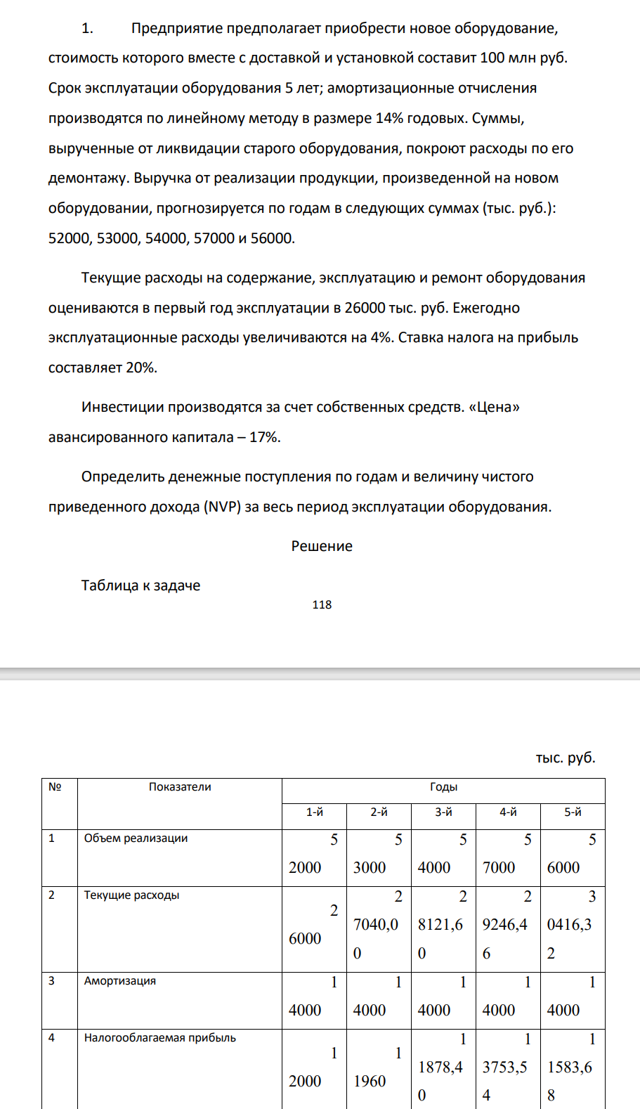 Предприятие предполагает приобрести новое оборудование, стоимость которого вместе с доставкой и установкой составит 100 млн руб. Срок эксплуатации оборудования 5 лет; амортизационные отчисления производятся по линейному методу в размере 14% годовых.