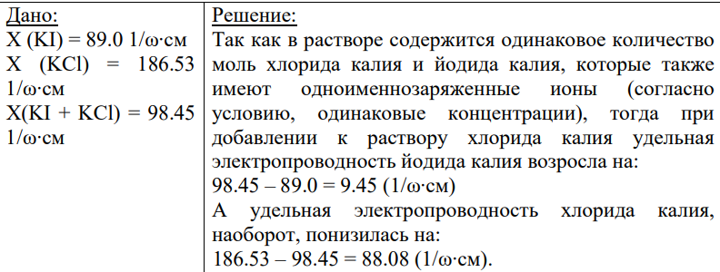 Дано: Χ (KI) = 89.0 1/ω∙см Χ (KCl) = 186.53 1/ω∙см Χ(KI + KCl) = 98.45 1/ω∙см
