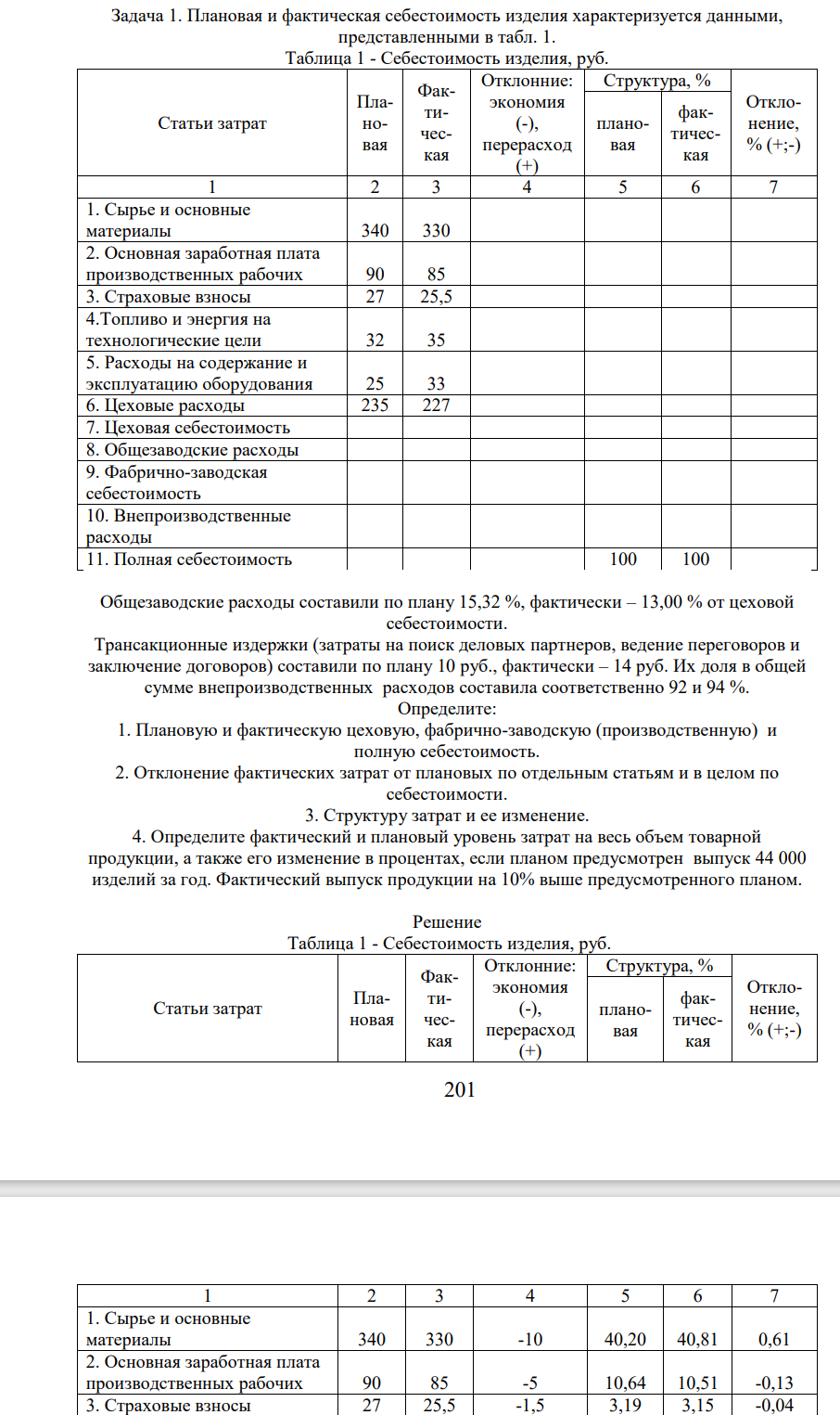 Плановая и фактическая себестоимость изделия характеризуется данными, представленными в табл. 1. Таблица 1 - Себестоимость изделия, руб. Статьи затрат Плановая Фактическая Отклонние: экономия (-), перерасход (+) Структура, % Отклонение, % (+;-) плановая фактическая 1 2 3 4 5 6 7 1.