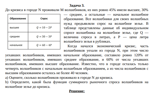 До кризиса в городе N проживали M волшебников, из них ровно 45% имели высшее, 30% — среднее, а остальные — начальное волшебное образование. Все волшебники для своих волшебных нужд предъявляли спрос на волшебное зелье.