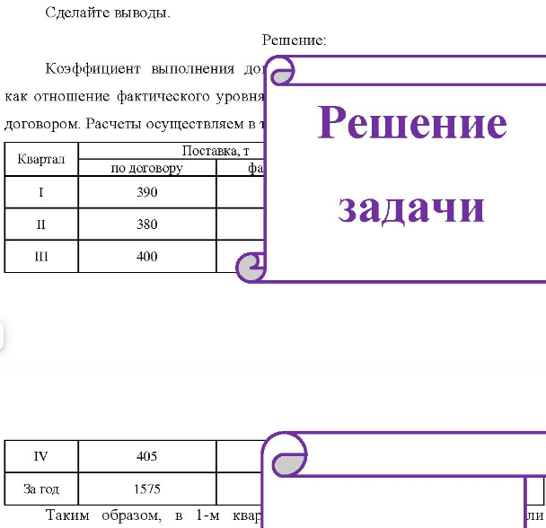 В таблице представлены данные о поставках продовольственного товара в организации общественного питания города по кварталам отчетного года. Квартал по договору Поставка, т фактическая IV 390 380 400 405 380 380 405 405