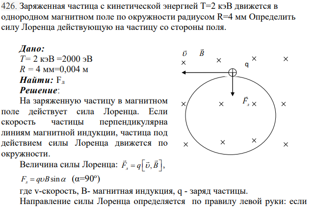 Заряженная частица с кинетической энергией Т=2 кэВ движется в однородном магнитном поле по окружности радиусом R=4 мм Определить силу Лоренца действующую на частицу со стороны поля.