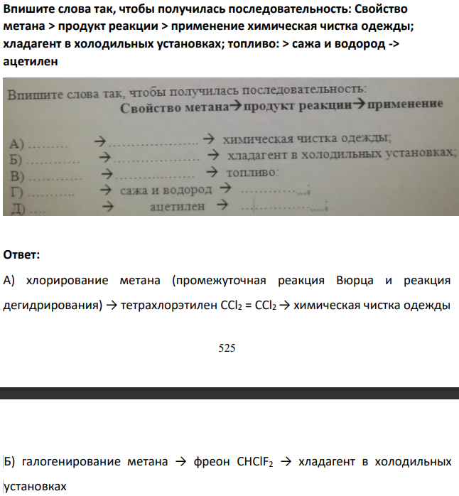 Впишите слова так, чтобы получилась последовательность: Свойство метана > продукт реакции > применение химическая чистка одежды; хладагент в холодильных установках; топливо: > сажа и водород -> ацетилен
