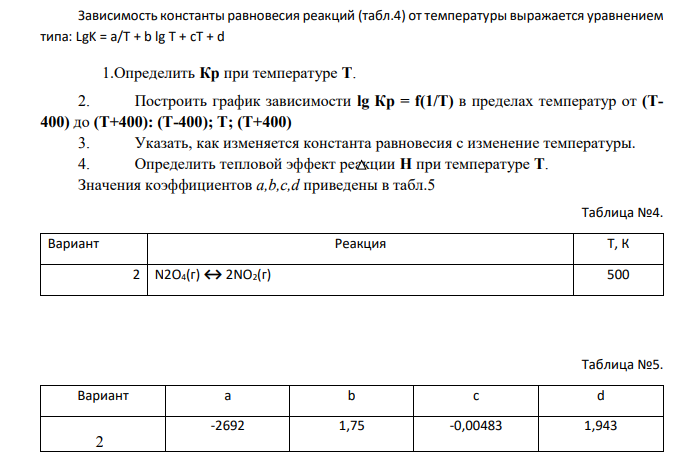 Зависимость константы равновесия реакций (табл.4) от температуры выражается уравнением типа: LgK = a/T + b lg T + cT + d 1.Определить Кр при температуре Т.