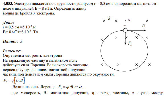 4.053. Электрон движется по окружности радиусом r = 0,5 см в однородном магнитном поле с индукцией В = 8 мТл. Определить длину волны де Бройля λ электрона.
