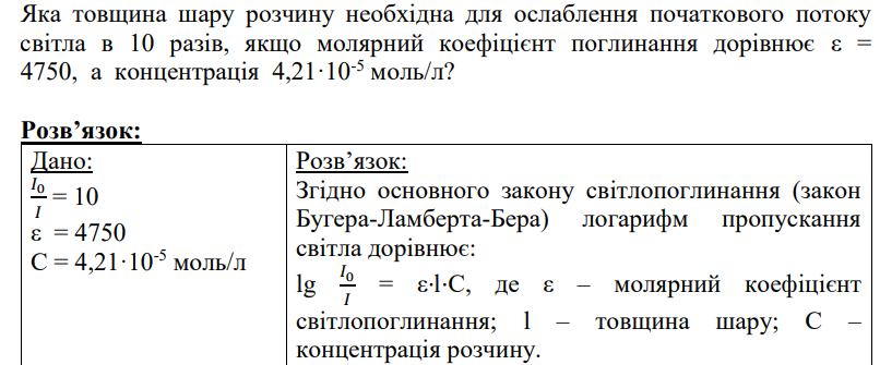 Яка товщина шару розчину необхідна для ослаблення початкового потоку світла в 10 разів
