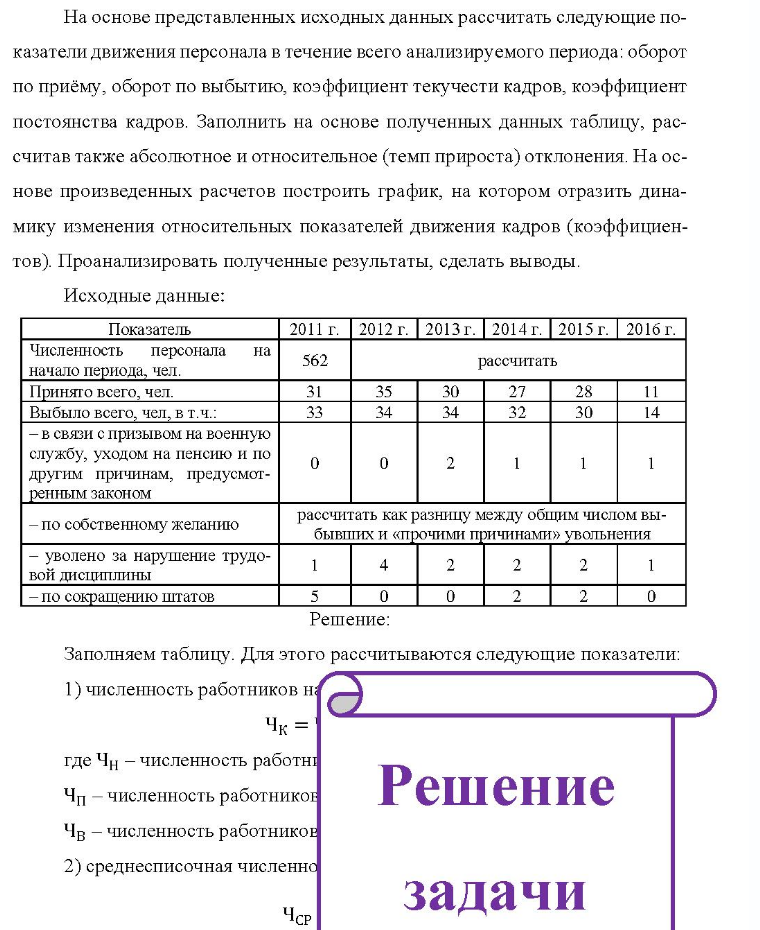 На основе представленных исходных данных рассчитать следующие по- казатели движения персонала в течение всего анализируемого периода: оборот по приёму, оборот по выбытию, коэффициент текучести кадров, коэффициент постоянства