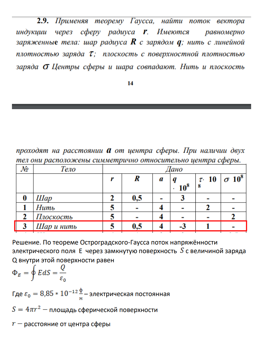 Применяя теорему Гаусса, найти поток вектора индукции через сферу радиуса r. Имеются равномерно заряженные тела: шар радиуса R с зарядом q; нить с линейной плотностью заряда T; плоскость с поверхностной плотностью заряда Центры сферы и шара совпадают. Нить и плоскость 14 проходят на расстоянии от центра сферы.
