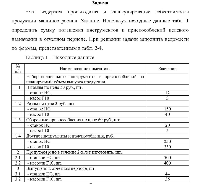 Учет издержек производства и калькулирование себестоимости продукции машиностроения. Задание. Используя исходные данные табл. 1 определить сумму погашения инструментов и приспособлений целевого назначения в отчетном периоде.