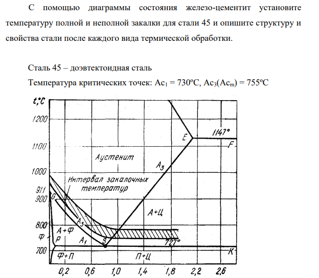 С помощью диаграммы состояния железо-цементит установите температуру полной и неполной закалки для стали 45 и опишите структуру и свойства стали после каждого вида термической обработки. Сталь 45 – доэвтектоидная сталь
