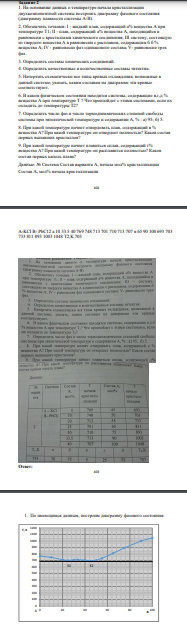 На основании данных о температуре начала кристаллизации двухкомпонентной системы построить диаграмму фазового состояния (диаграмму плавкости системы А-В