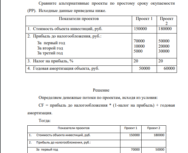 Сравните альтернативные проекты по простому сроку окупаемости (PP). Исходные данные приведены ниже. Показатели проектов Проект 1 Проект 2 1. Стоимость объекта инвестиций, руб