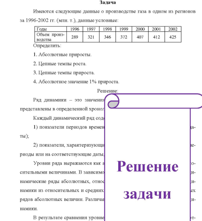 Имеются следующие данные о производстве газа в одном из регионов за 1996-2002 гг. (млн. т.), данные условные: Годы Объем производства Определить: 1996 1997 1998 1999 2000 2001 2002 289 321 346 372 407 412 425 1. Абсолютные приросты