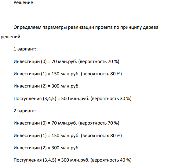 У фирмы есть возможность реализовать инвестиционный проект. В момент времени t = 0 необходимы инвестиции 70 млн. рублей.